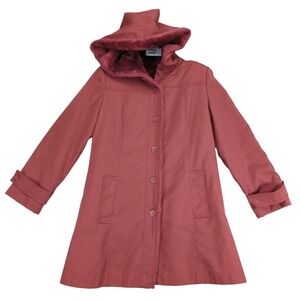 Vintage 90s Bonders Burgundy Pea Coat Womens M Hooded Fleece Lined Mid-Length